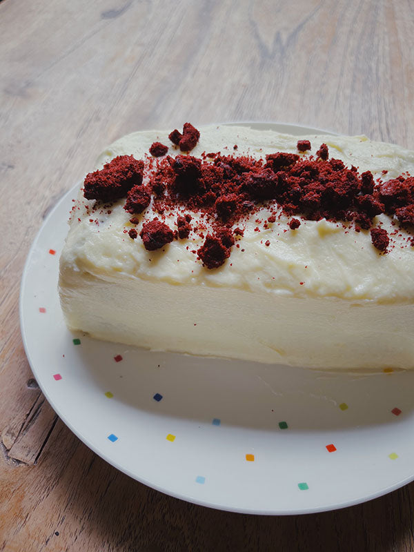 Messy red velvet cheese loaf